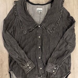 Ganni Charcoal Button Down Shirt with Ruffled Collar